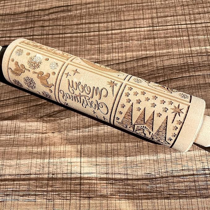 Christmas Wooden Rolling Pin for Baking,Engraved Embossing Rolling Pin Cookie Stamps Roller Square Grid Cookies Mold Kitchen Decor Tools for Kids Adults(Jesus Nine Palaces)