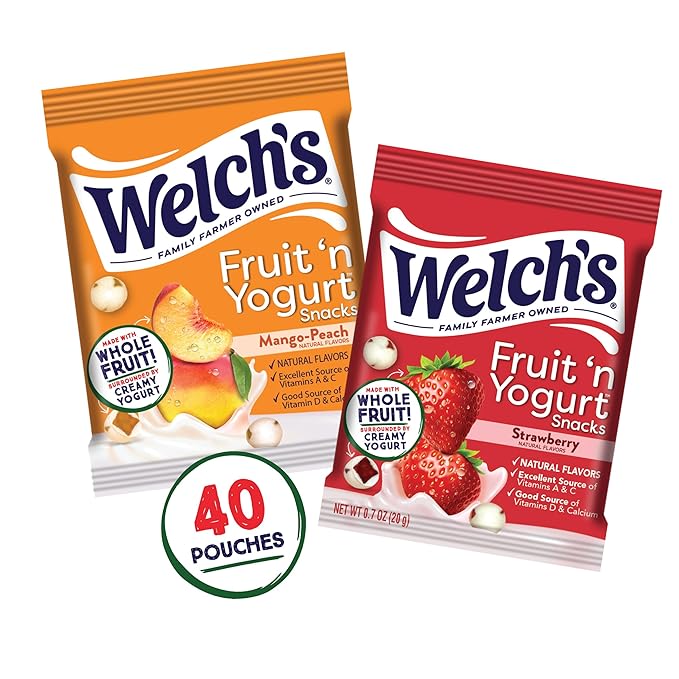Welch's Fruit Snacks, Fruit 'n Yogurt Variety Pack, Strawberry, Mango Peach, Gluten Free, Bulk Pack, Single Serve, 0.7 oz Bags (Pack of 40)