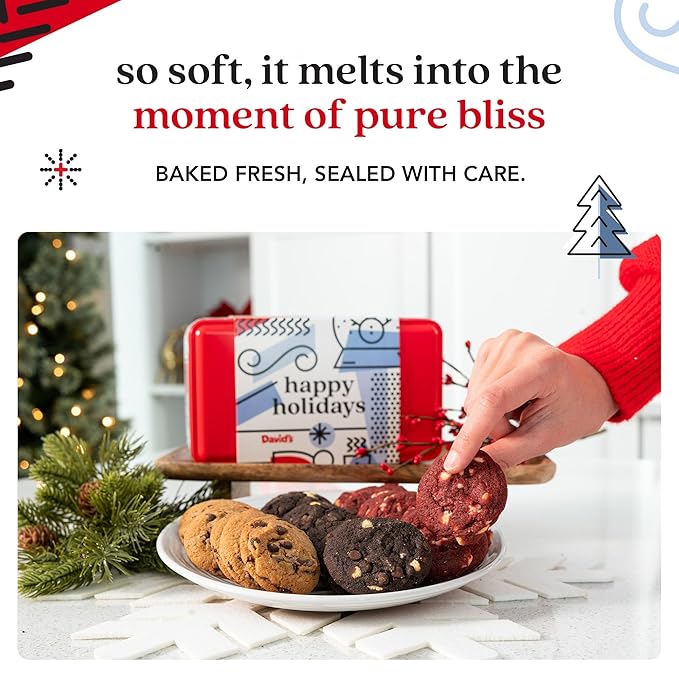 David's Cookies Happy Holidays Mini Cookies in Sweet Sampler Tin - Assorted Mini Christmas Cookies with Chocolate & White Chocolate Chip and Red Velvet - Gourmet Cookie Gift Basket for Christmas 14oz