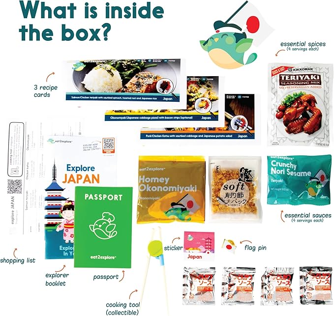 eat2explore Cooking Kits for Kids – Interactive & Educational Kids Cooking Sets Real for Ages 5 and Up,3 Recipe Cards & Global Ingredients – Fun Gift for Young Chefs (Japan Edition)