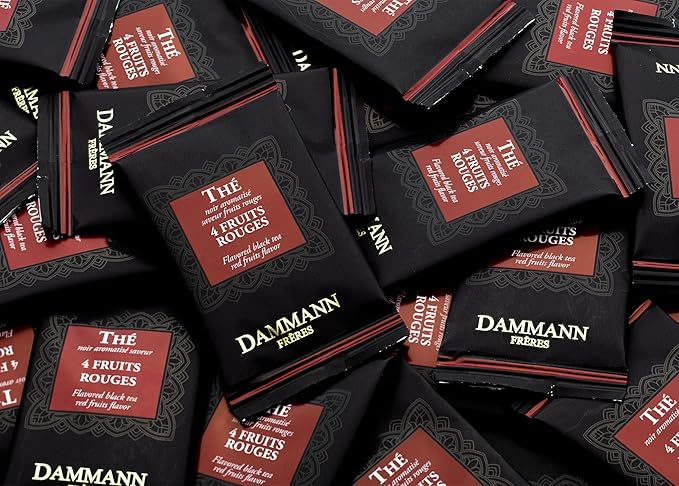 Dammann Freres Sachets, Quatre Fruits Rouges Tea Bags, Premium Gourmet French Black Tea, Blend Strawberry, Cherry, Raspberry, Red Currant Flavors, Individually Wrapped, 24 Count (Single Pack)