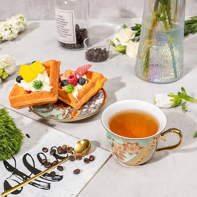 Tea Cups and Saucers Set of 8, 8 OZ Floral Tea Cup with Saucer, Vintage Tea Cups Porcelain Tea Set with Spoon for Latte, Mocha, Afternoon Tea Birthday Party Supply Thanksgiving Day Halloween gifts