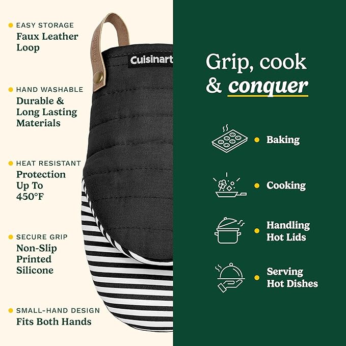 Cuisinart Mini Oven Mitts – 5.5” x 8” Heat-Resistant Kitchen Mitts for Oven with Non-Slip Printed Silicone, Cotton Filling, and Faux Leather Loop – Durable Oven Mitt Set for Cooking & Baking (Horizon)