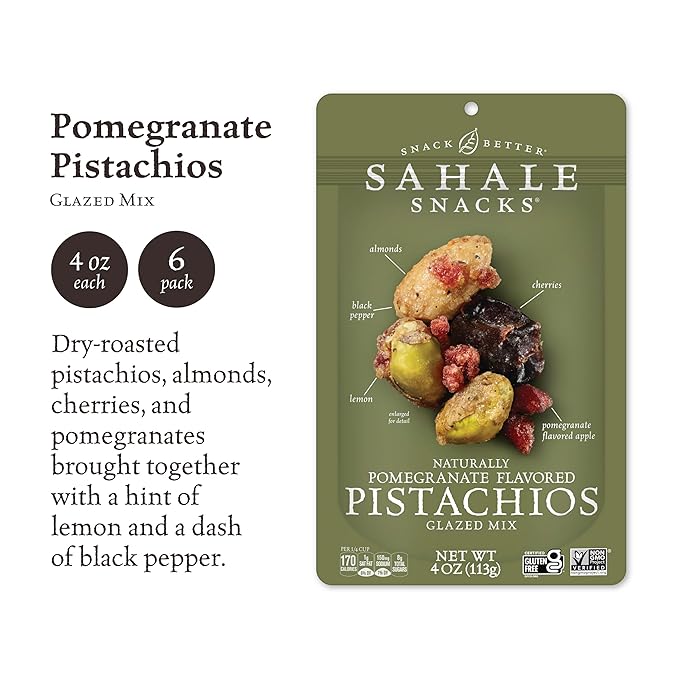 Sahale Snacks Pomegranate Flavored Pistachios Glazed Mix, 4 Ounces (Pack of 6)