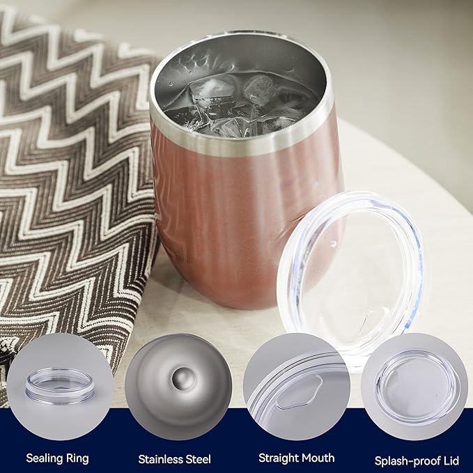 DOMICARE Stainless Steel Wine Tumbler Bulk with Lid, Personalized Rose Gold Insulated Tumblers Set, 12oz Travel Coffee Cups Pack of 8