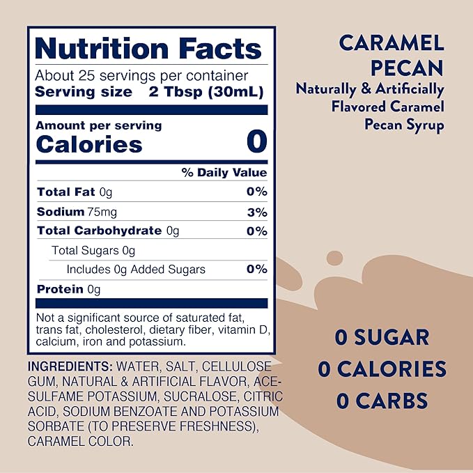Jordan's Skinny Syrups Sugar Free Coffee Syrup, Caramel Pecan Flavor Drink Mix, Zero Calorie Flavoring for Chai Latte, Protein Shake, Food & More, Gluten Free, Keto Friendly, 25.4 Fl Oz, 1 Pack