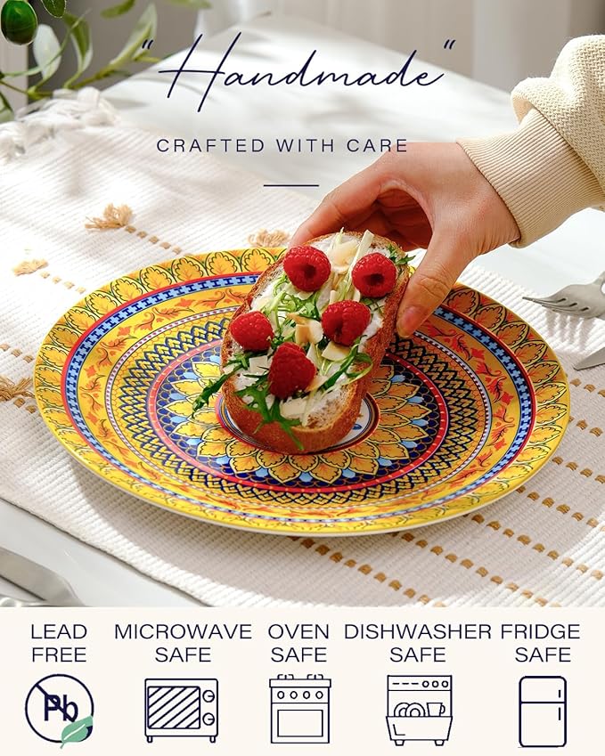 getstar Dinner Plates Set of 6, 10.5 Inch Ceramic Plates, Microwave, Oven and Dishwasher Safe, Colorful Bohemian Style Dishes for Kitchen
