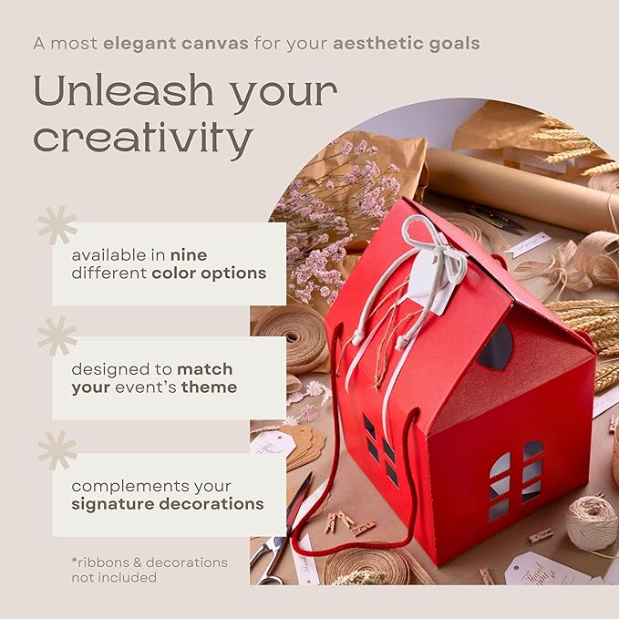 Pack of 5 House Shaped Gift Boxes (7.87 x 7.87 x 7.08 inch) - Mansion Ideal for Christmas and for Treats - Red Linen