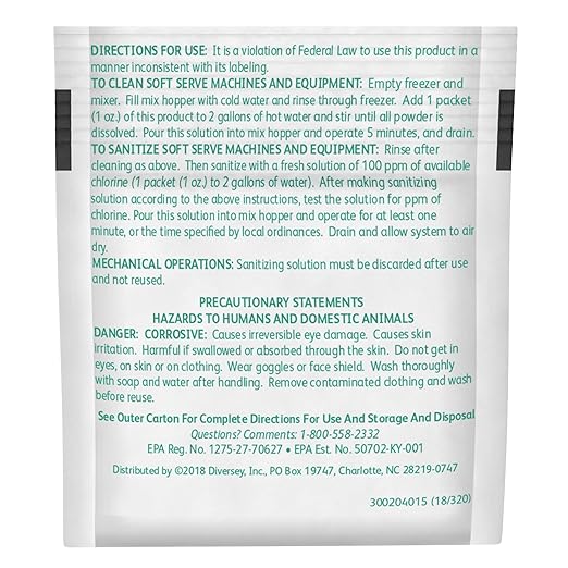 Diversey 90234 Sani-Sure Soft Serve Sanitizer & Cleaner, for Shake, Slush, Yogurt Machines & Food Service Equipment, Powder, 1-Ounce Packet