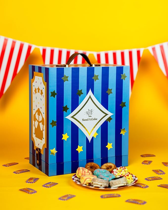 Party Time Mini Donut Ferris Wheel Box by Send A Cake – Ready to Gift, No Assembly Needed – 10 Mini Cake Donuts, Spins, Lights & Music – Fun Birthday & Celebration Gift for Women, Men, Adults, Kids