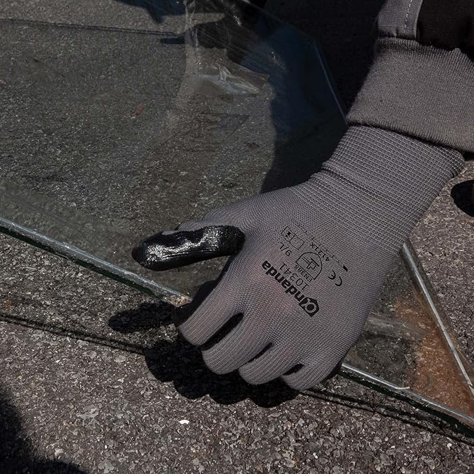 ANDANDA Smart Touch Work Gloves - 12 Pairs, 3D Comfort Stretch Fit, Nitrile Coated with Grip, Seamless Knit Nylon, Suitable for Warehousing, Logistics, Handling, Black (S)