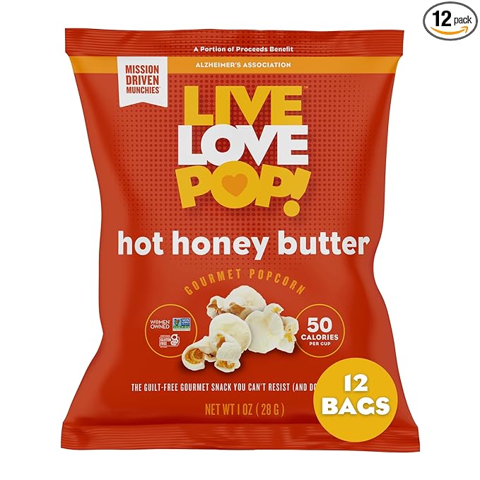 Live Love Pop Hot Honey Butter Flavored Gourmet Popcorn, 1.0 Oz (Pack of 12), Individual Snack Size Bags, Healthy Snack, Gluten Free, Vegan & Non-GMO, Mission Driven Munchies