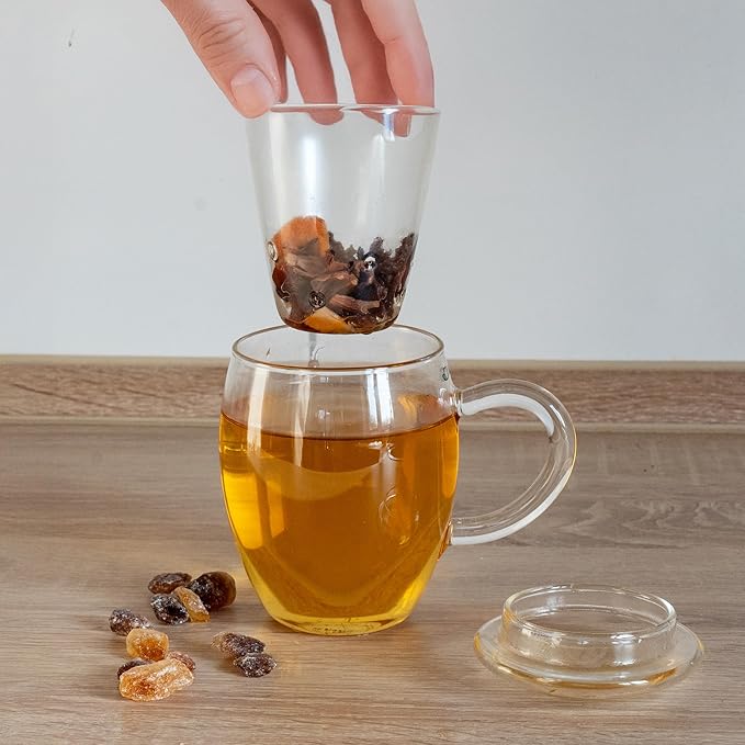 Creano Tea Glass with Infuser and Lid 400ml - Large Tea Cup - Microwave & Dishwasher Safe - Loose Leaf Tea Maker Gift Set