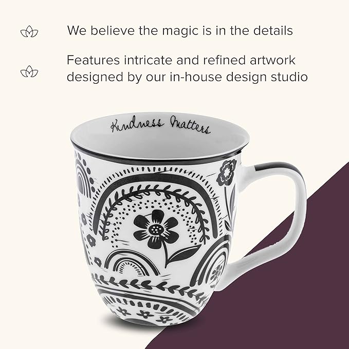 Karma Gifts 16 oz Black and White Boho Mug Rainbow - Cute Coffee and Tea Mug - Ceramic Coffee Mugs for Women and Men, 4.25" x 3.7"