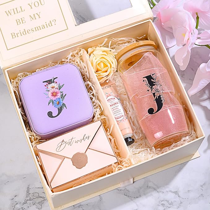 AYGXU maid of honor gifts,initial glass cups with lids and straws 16oz,iced coffee cup,Travel Must Have Jewelry Box set,travel Jewelry Case Organizer,Birthday Gifts,Initial A purple