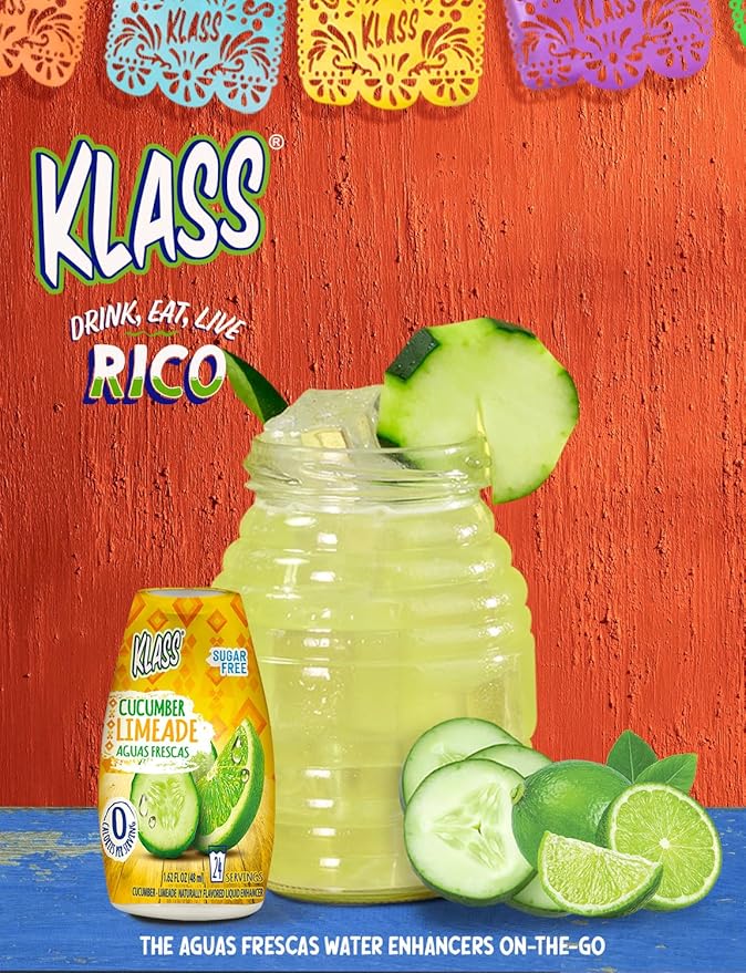Klass Aguas Frescas | Liquid Water Enhancer | Sugar Free Naturally Flavored Cucumber-Limeade | Keto Friendly |1.62 Oz Pack of 4 (Makes 24 servings each) 0 Calories Per Serving