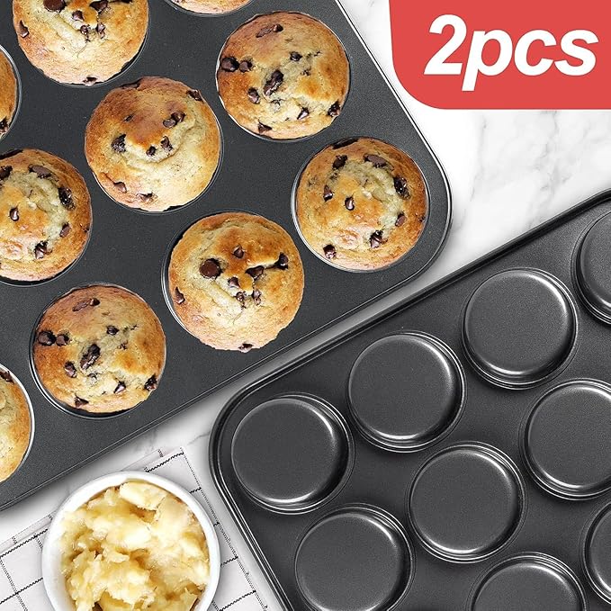 Nonstick Muffin Top Pan Set, 12-Cup, 13.5 x 10.2 inches, 2-Pack, Black
