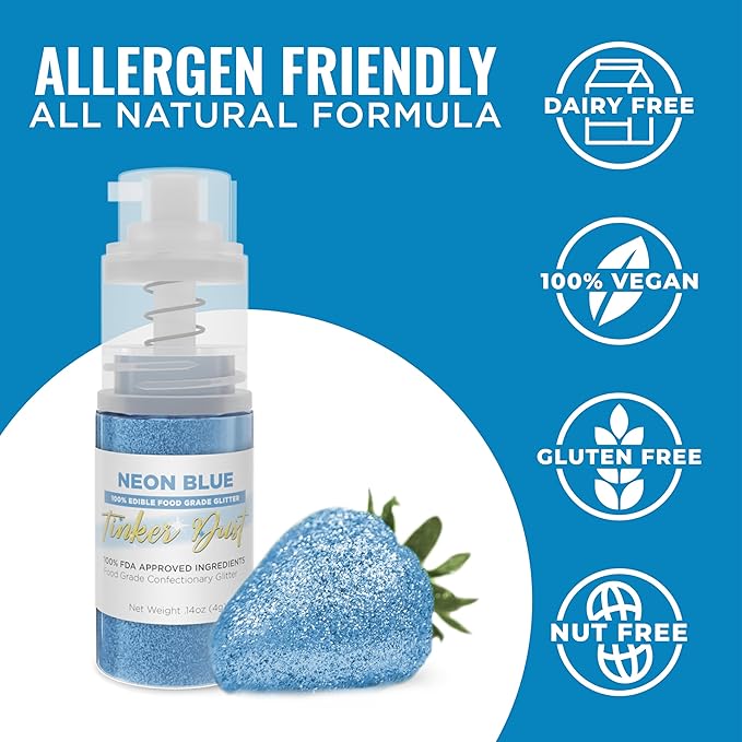 Bakell - Neon Blue Tinker Dust (4g, 1x Mini Spray Pump) Edible Glitter for Food, Desserts, and Beverages!