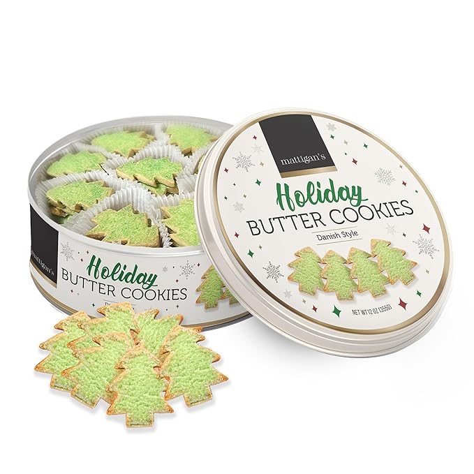 Mattigan's Holiday Butter Cookies, Danish Style Cookie, 12 Oz Tin, Gourmet Gifts, Holidays, Christmas, Stocking Stuffer, Special Occasions, Assorted Cookie Dessert Sweets, Reusable Metal Tin