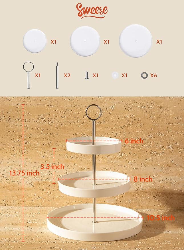 Sweese Porcelain 3-Tier Cupcake Stand - Elegant White Cake Stand for Desserts, Tiered Serving Tray for Parties, Weddings, Birthdays - Durable Stainless Steel Rods