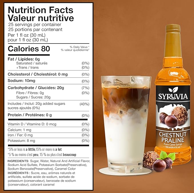 Syruvia Coffee Syrup, Chestnut Praline Flavored Syrup for Drinks, Lattes, and Desserts – 25.4 fl oz