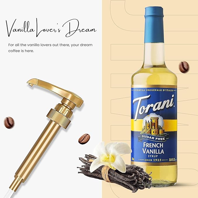 Jimoco® Syrup Pump Dispenser + Torani® Sugar Free French Vanilla Syrup, 25.4 oz - Coffee Syrup Pump & Flavoring Bundle