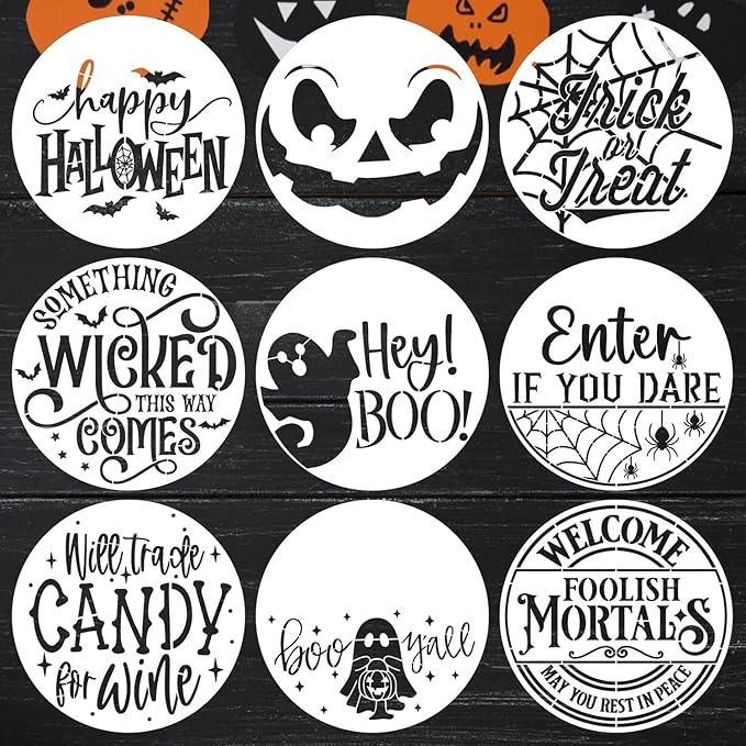 Halloween Stencils for Painting on Wood 12inch Large Reusable Halloween Stencil for Door Hanger Round Skeleton Ghost Boo Templates for Door Mat Fabric