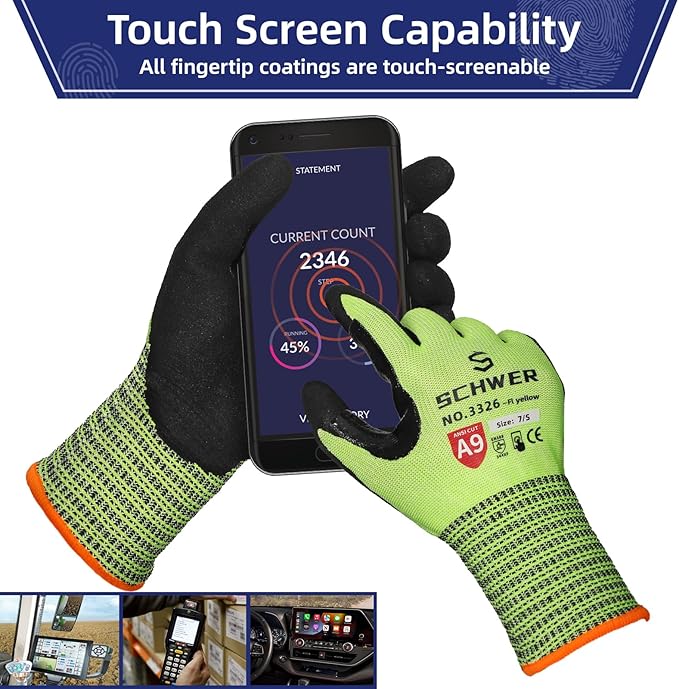Schwer ProGuard Highest Level Cut Resistant Work Gloves PR3326 for Extreme Protection，ANSI A9 Cut Gloves with Reinforced Thumb, Non Slip, Breathable, Cooling, Durable, Touch-screen, Yellow 1 Pair（XL）
