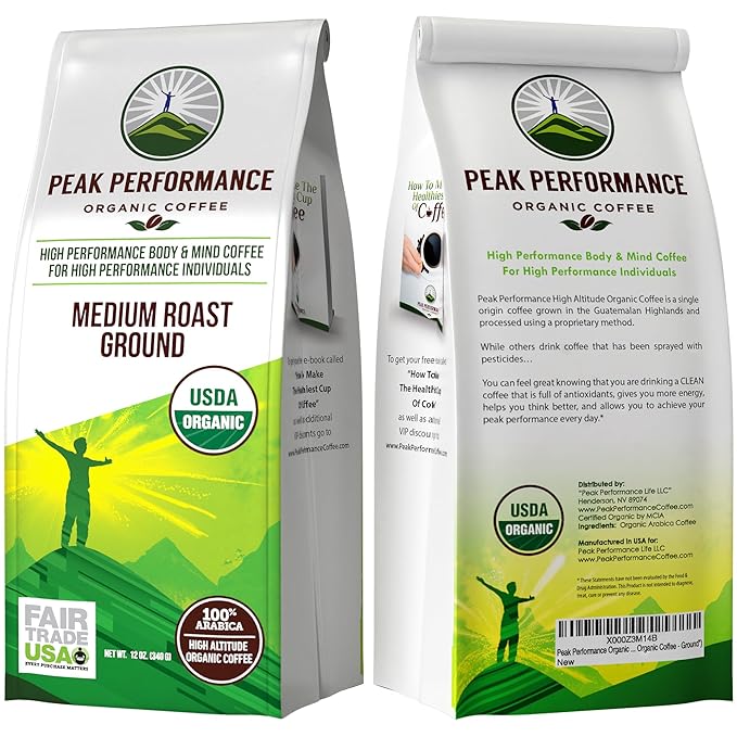 Peak Performance High Altitude Organic Coffee. Fair Trade, Low Acid, Non GMO, and Beans Full Of Antioxidants. Medium Roast Smooth Tasting USDA Certified Organic Ground Coffee Bag