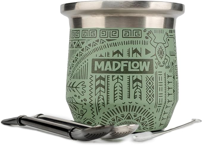 MADFLOW Yerba Mate Cup. Stainless Steel Mate Cup with 2 Bombillas. Double Wall Vacuum Insulated Yerba Mate Gourd. Unique Mate Cup And Bombilla Set