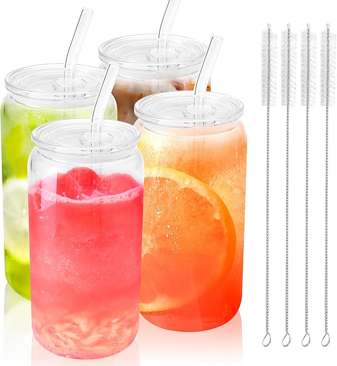 Joyclub 4pcs Glass Cups with Acrylic Lids and Straws 16 oz Can Shaped Glass Iced Coffee Cups with Lids and Straws, Cute Tumbler Cup Drinking Glasses for Smoothie Whiskey Boba Soda Tea Gift