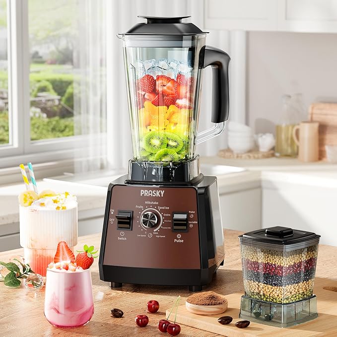Blenders for Kitchen, Commercial Blender,2400W PRASY Food Processor with 101oz Juice & Grinder Jar, BPA-Free, 25000 RPM Blenders for Smoothies, Ice Crushing, Frozen Fruit (Brown, 2L)