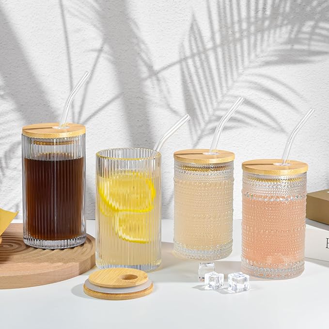 13 oz Drinking Glasses Set of 4 with Bamboo Lids Straws Hobnail Boho Glassware Set Vintage Glass Cups Embossed Iced Coffee Cup for Beer Cocktail Beverage(Hobnail)