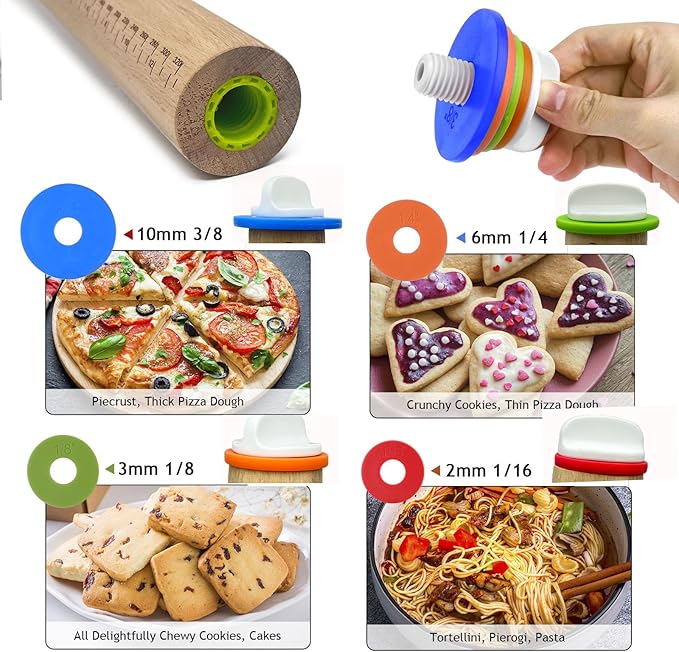 Adjustable Rolling Pin 4 Set and Silicone Baking Pastry Mat Setpastry,Siliconebrush and spatul,AdjustableThickness Rings,Wooden Dough Roller Rolling Pins for Baking Dough, Pizza, Pie