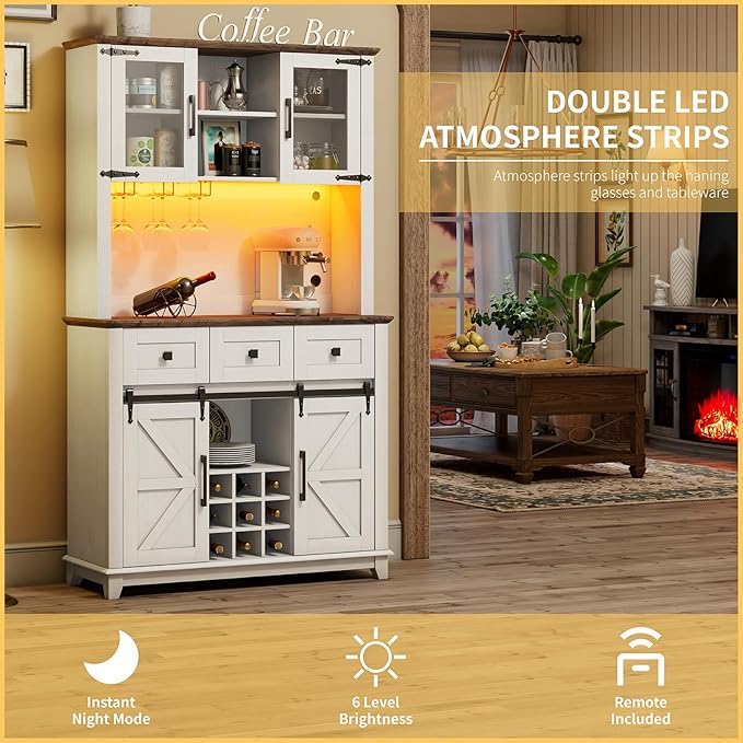 72" Coffee Bar Wine Cabinet with Sliding Barn Door & LED Lights, Sideboard Buffet Cabinet with Wine Bottle Rack, 3 Drawers, Storage Cabinet for Kitchen, Dining Room, White