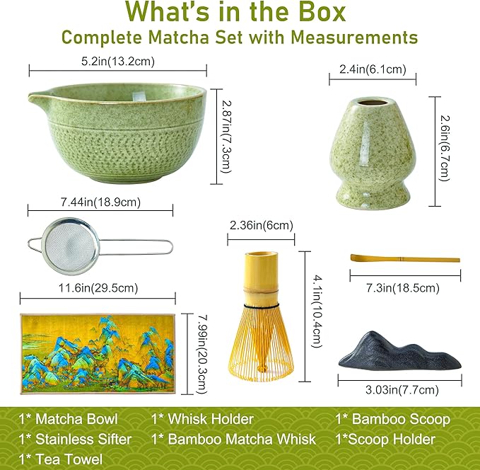 BeSoothe Matcha Whisk Set - Premium Matcha Set 7 Pcs - Ceremony Matcha Powder Kit - Matcha Tea Set for Making Latte - Matcha Whisk Set and Bowl with Scoop&Sifter, Ceramic Bowl - Gift for Matcha Lovers