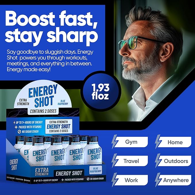 Blue Raspberry Extra Strength Energy Shot 12 pk – 260mg Natural Caffeine B12 B6 – Energy & Focus Support – 2 Servings Sugar Free Zero Calorie Green Tea B-Vitamins Electrolytes Vegan – 1.93 fl oz