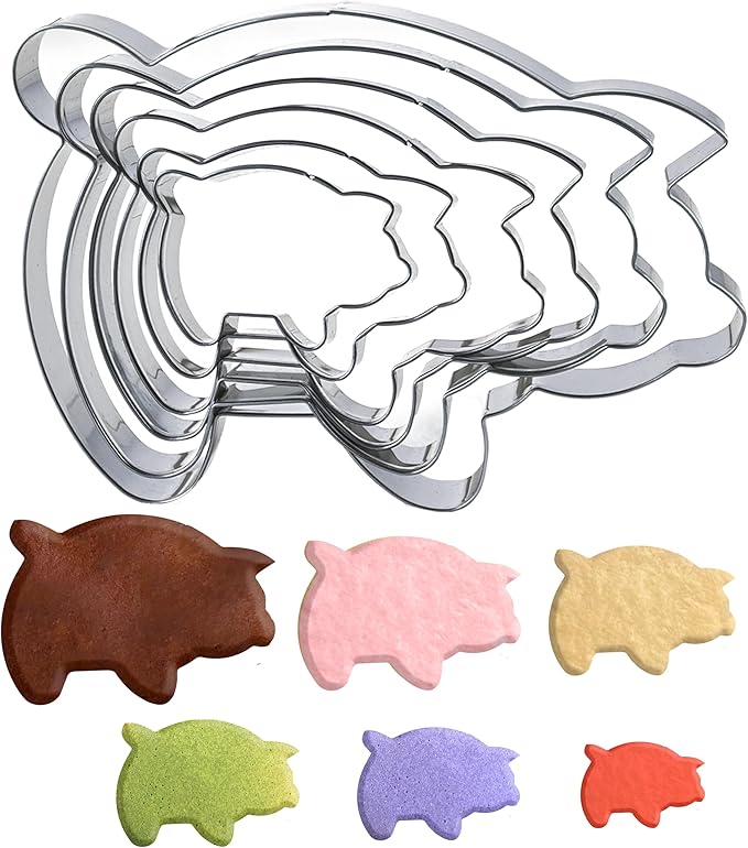 6PC Stainless Steel Pig Cookie Cutters Mexican - 5.5", 4.5", 4", 3.5", 2.5", 2.0"，Perfect for Mexican Concha Bread - Concha Cutter and Concha Stamp，Baking Tools for Pig Shaped Pastry and Bread Making