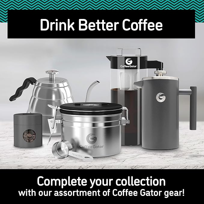 Coffee Gator French Press Coffee Maker 34oz, Double Insulated Stainless Steel Brewer plus Travel Jar Canister, Portable Hot Cold Brew Tea Cafetera for Coffee Bar Accessories Kitchen Camping, Black