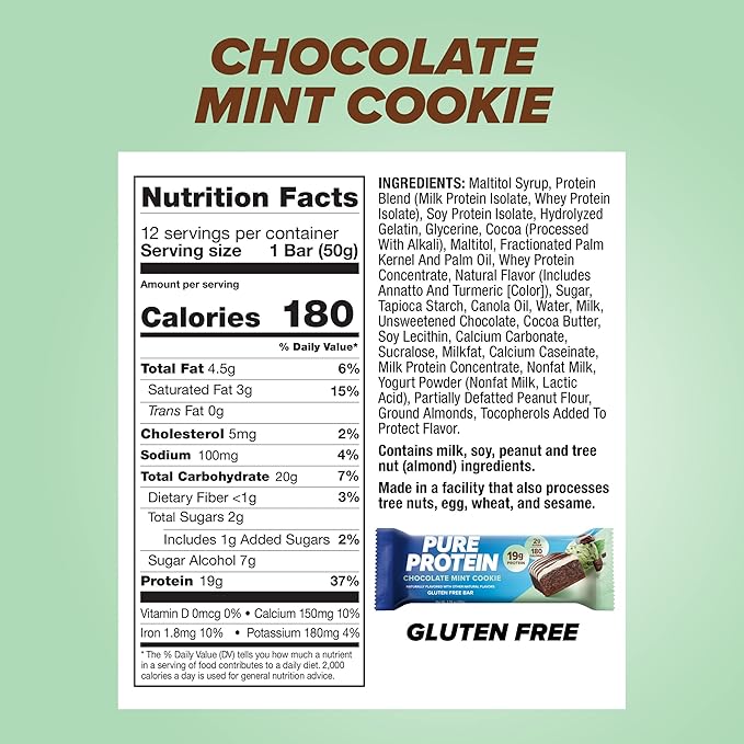 Pure Protein Bars, High Protein, Nutritious Snacks to Support Energy, Low Sugar, Gluten free, Chocolate Mint Cookie,1.76oz, 12 Count (Packaging May Vary)