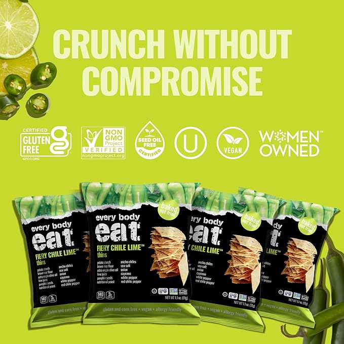 Every Body Eat Snack Thins, Gluten & Dairy Free, Vegan, School Safe Lunch Snacks, Fiery Chile Lime (20 Single Serve Bags, 1.1oz)