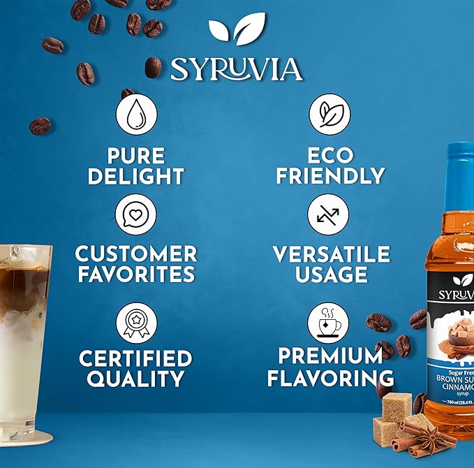 Syruvia Sugar-Free Brown Sugar Cinnamon Syrup for Coffee, Great for Drinks, Shakes, Smoothies and Cocktails - 25.4 fl oz, Kosher, 100% Vegan, Gluten-Free, No-Calorie, With Pump