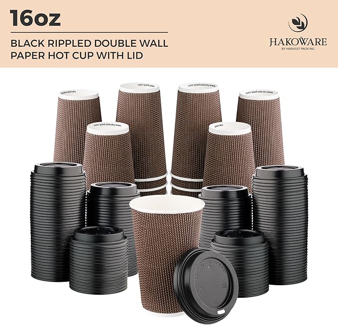 [85 SET]Harvest Pack 16 oz Coffee Cups, Disposable Insulated Ripple Coffee Cups, Double-Walled To go Cups with Lids, Brown Geometric, Drinking Paper Cups for Tea Hot Chocolate Drinks
