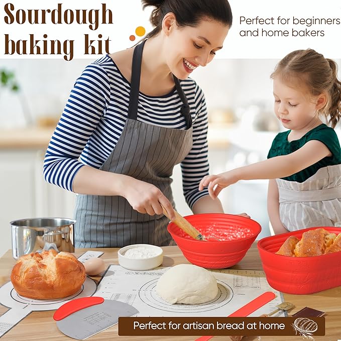 Sourdough Starter Kit with Jar – Complete Sourdough Bread Baking Supplies for Beginners, Includes 2 Silicone Proofing Baskets Baking Mat Sour Dough Kit - Red