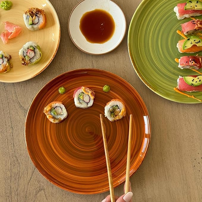 Mora Ceramic Helix Swirl Salad Plates Set of 6, 8in Spiral Porcelain Dish for Kitchen, Small Dinner, Lunch, Appetizer, Dessert, etc - Dishwasher, Microwave, Freezer, Oven Safe Dishware - Earth Colors