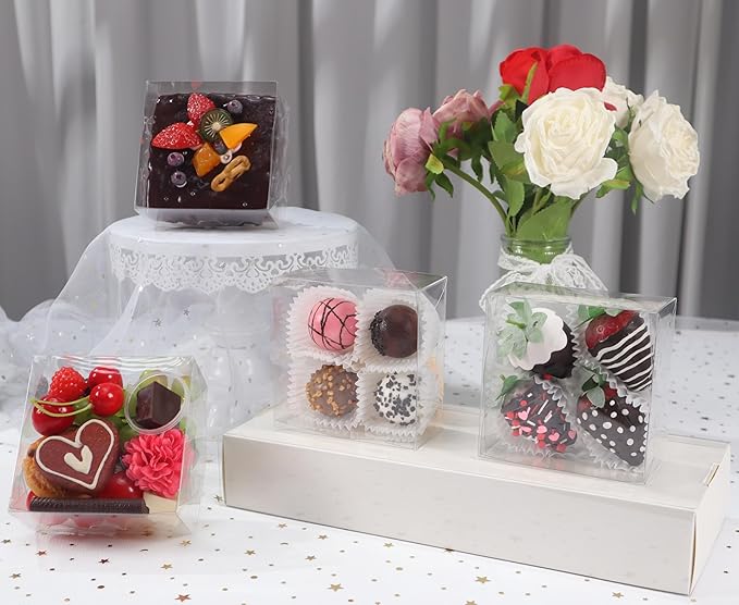 15PCS 5x5x2 Inches Full Clear Chocolate Covered Strawberries Boxes Cookies Boxes Mini Bundt Cake Pie Cinnamon Roll Treat Boxes Chocolate Truffle Box Party Wedding Favor