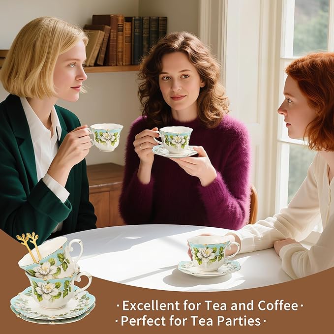 TATSUMI Country Roses Bone China Tea Cup and Saucer Set, 6 Pieces, Vintage Style, For Women and Tea Parties(Light Green, 2 sets)
