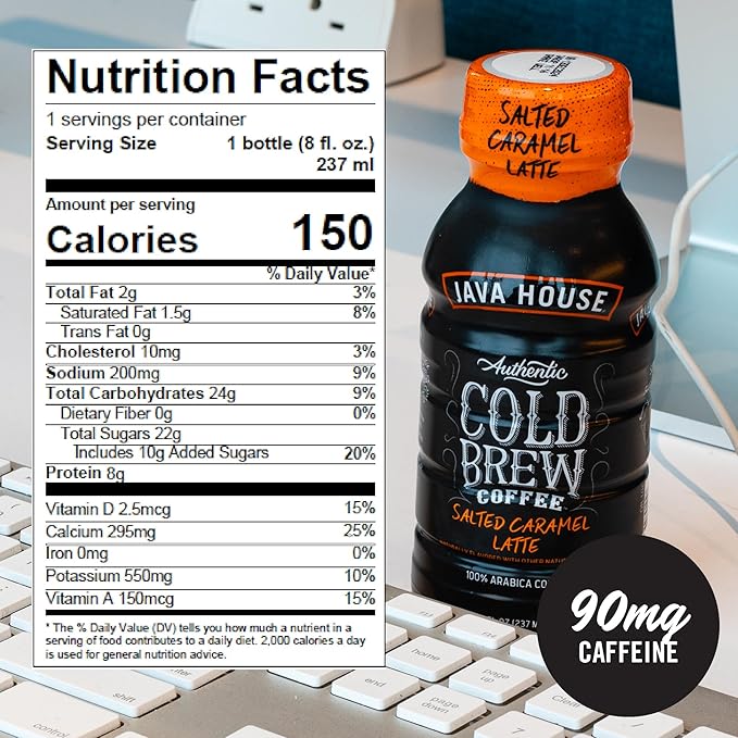 Java House Cold Brew Coffee Ready to Drink Bottles - Salted Caramel Latte - Pack of 12 8oz Bottles - 100% Arabica Coffee
