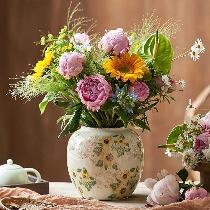Round Pastoral Ceramic Vase, 6.3 Inch Chinoiserie Sunflower Yellow Floral Vases, Retro Ice Cracked Rustic Antique Flower Vases for Rustic Living Room Home Decor (Large Round)