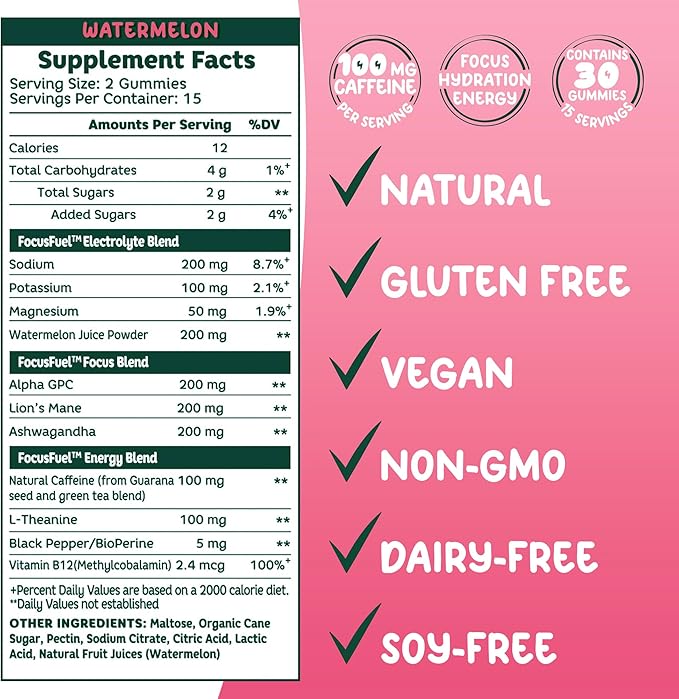 FocusFuel Energy Chews – Watermelon Flavor (15 Servings) – 100mg Caffeine + L-Theanine + B12, Magnesium – All-Natural Energy Boost – No Crash or Jitters